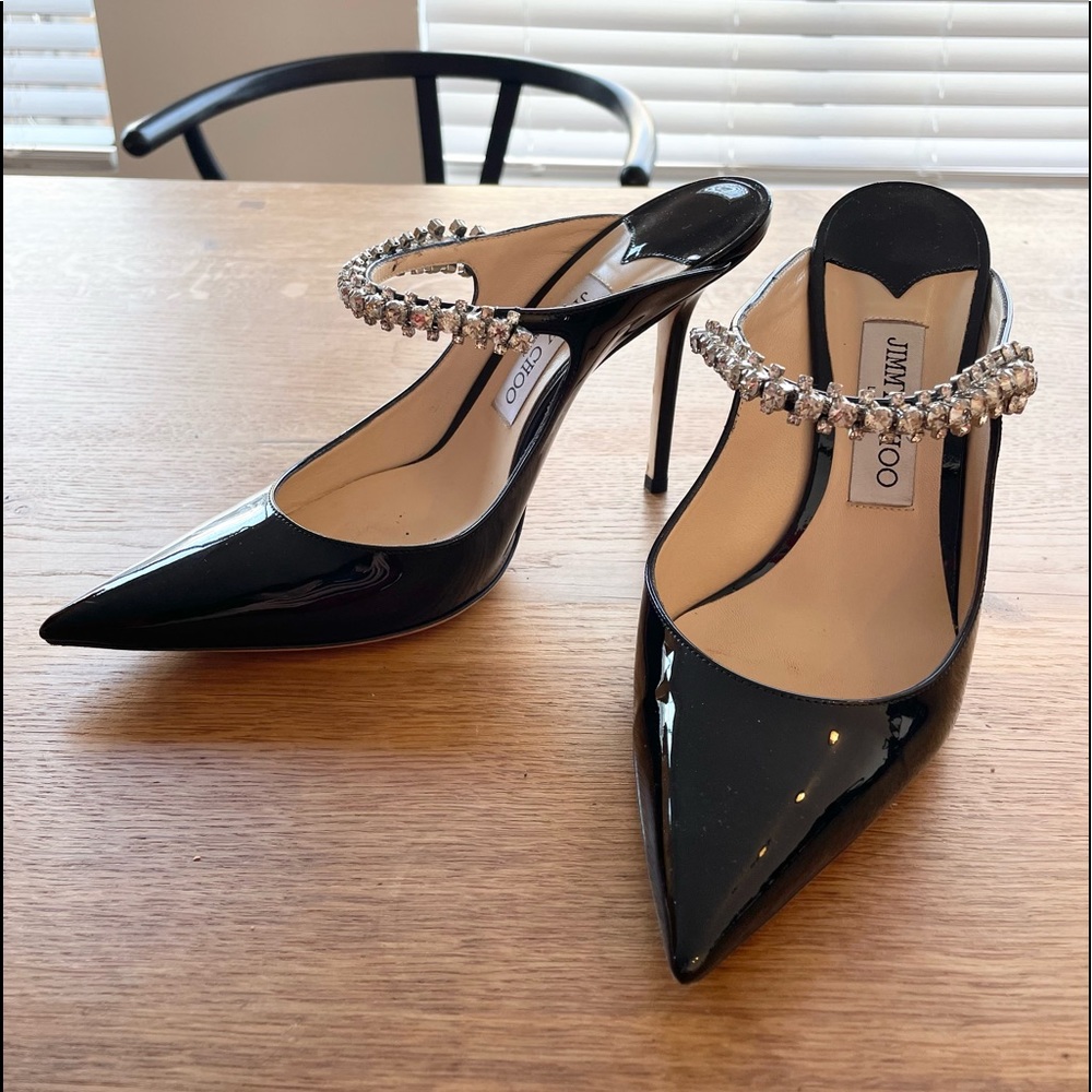 Jimmy choo black bing patent jeweled mules size 39